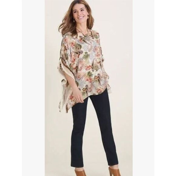 Chico’s‎ Paisley Print Boho Poncho Top Cream Multi Color Size S/M - Picture 7 of 12
